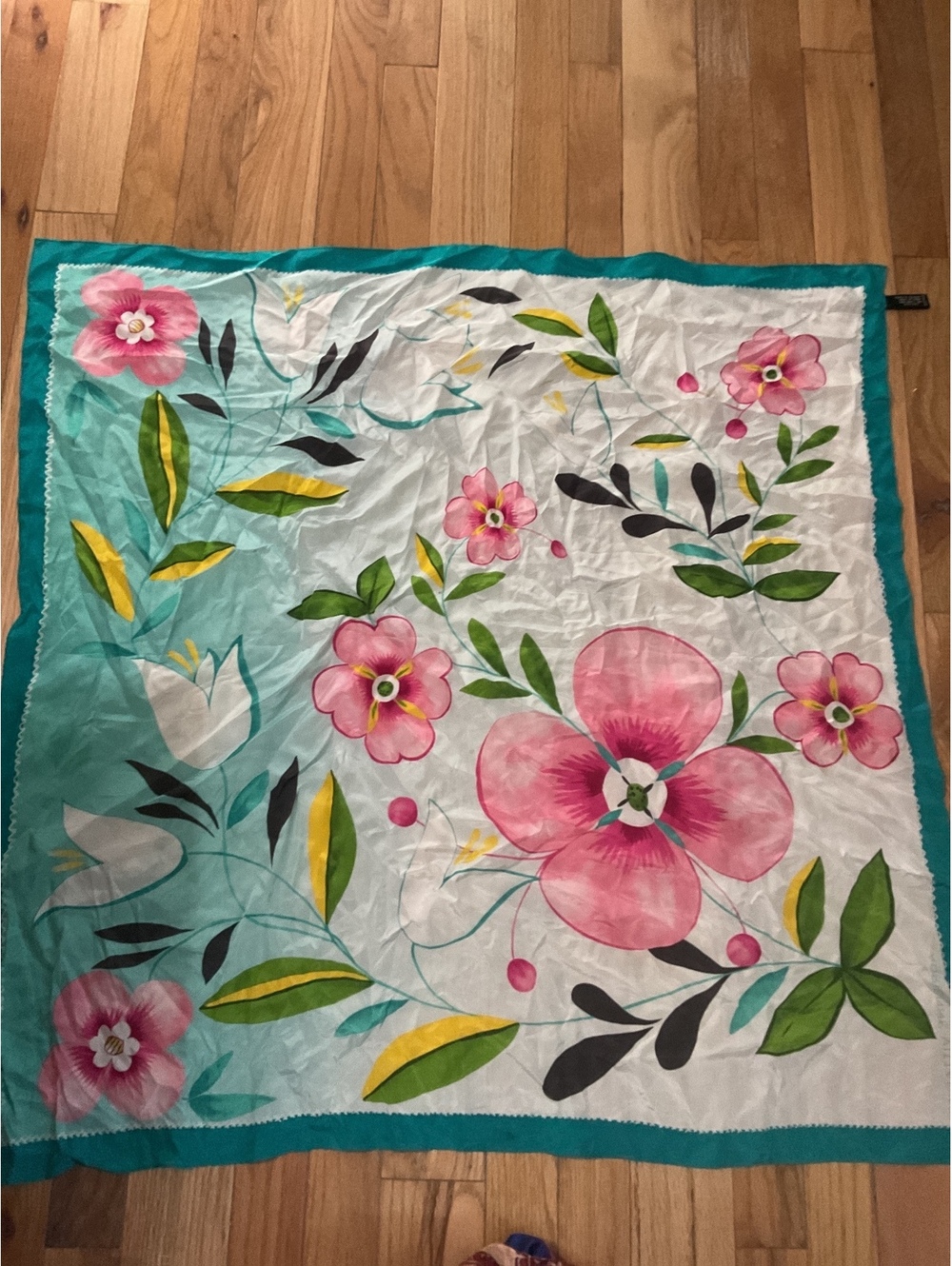 Adrienne Vittadini Floral Silk Scarf with Teal Border Vintage